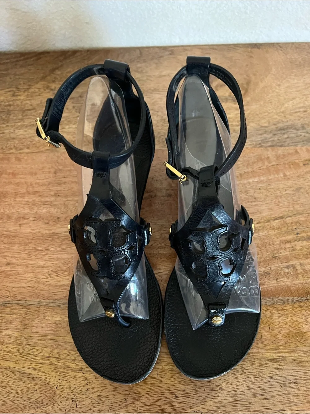 Tory Burch Miller  Black Leather Wedge Strappy Sandal Size 6M